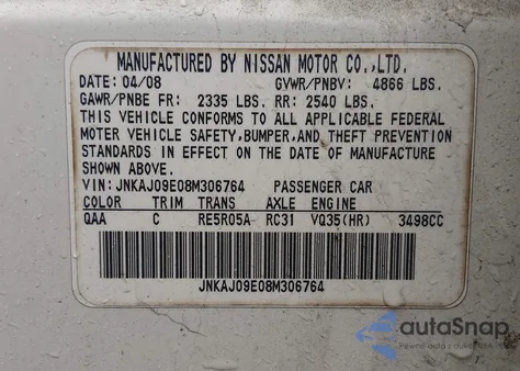 2008 Infiniti Ex35 Journey z USA, uszkodzony, nr VIN JNKAJ09E08M306764